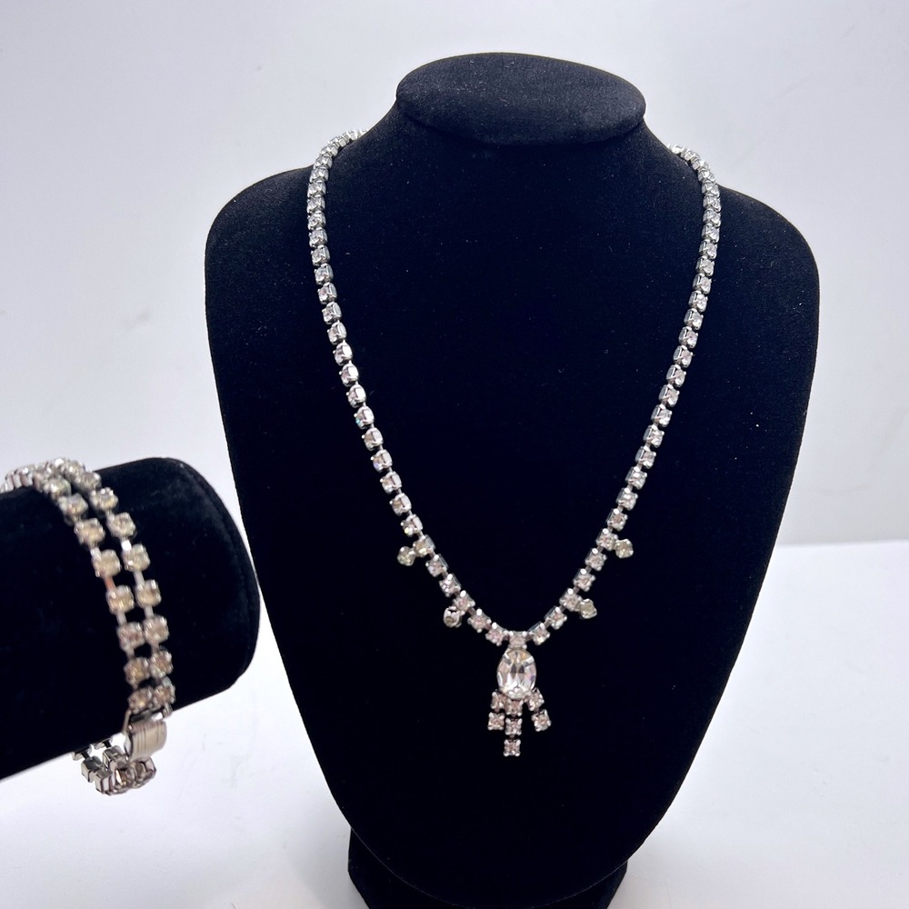 Vintage Clear‎ Rhinestone Drop Necklace and Double Strand Bracelet Jewelry Set